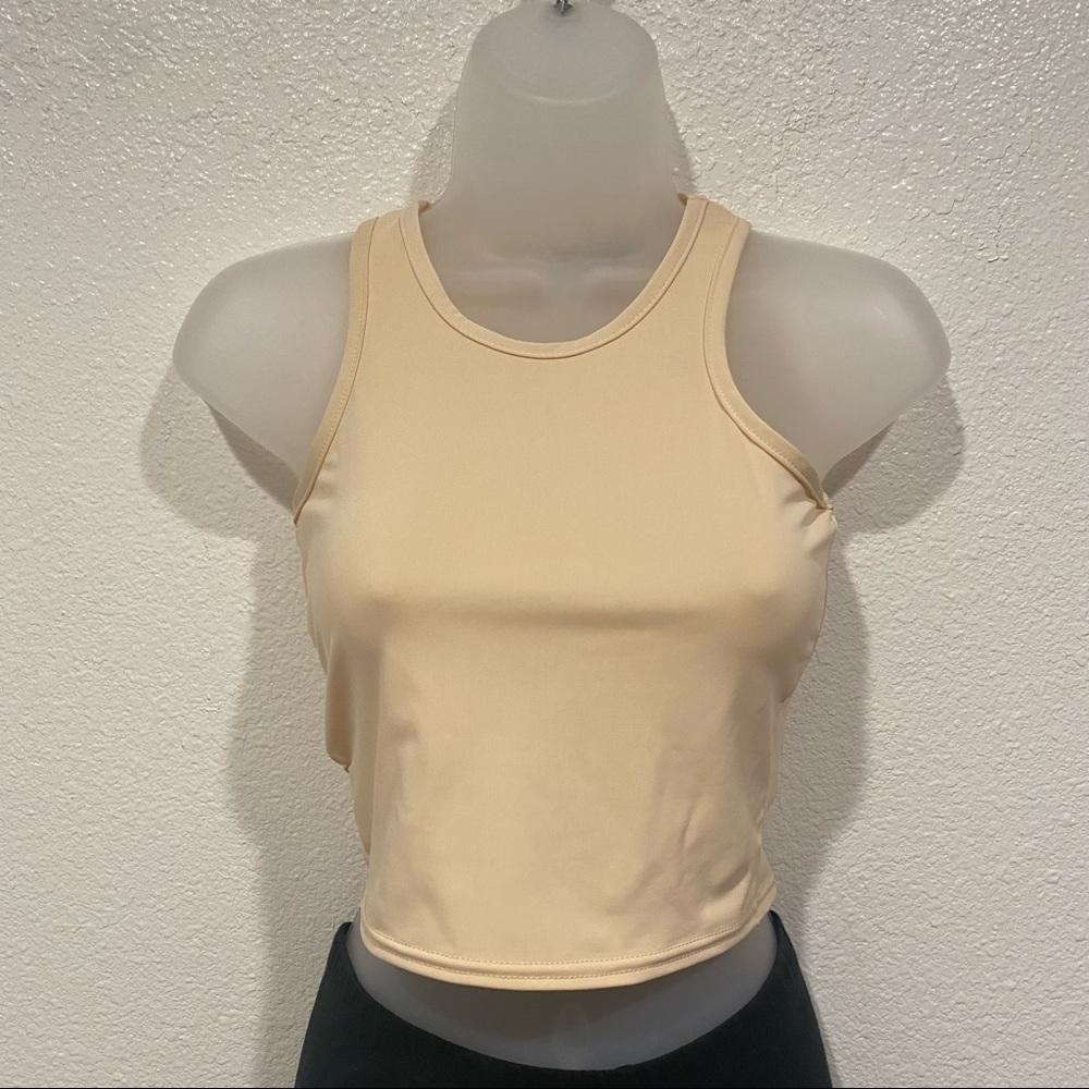 pretty little thing beige cream racerback sleeveless crop tank top shirt
